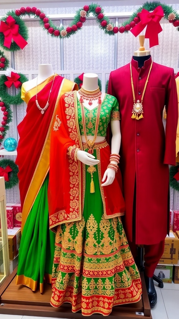 Festive Indian Christmas Outfit Ideas A collection of elegant Indian outfits for Christmas, including a saree, lehenga, and kurta, styled with festive accessories.